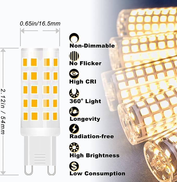 ALIDE G9 Led Bulbs 5W Replace 50 Watt 60 Watt Halogen Equivalent,2700K Soft Warm White, AC120V T4 G9 Bi-pin Led Bulbs for Chandelier Lighting,550LM,10Pack, Non-dimmable