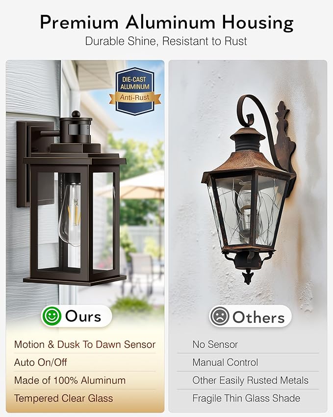 VIANIS Distance-Adjustable Motion Sensor Porch Light, 2-Pack Oil Rubbed Bronze Waterproof Outdoor Light fixtures wall Mount, Anti-Rust Dusk-to-Dawn Outdoor Lanterns for Porch, Garage, Front Door