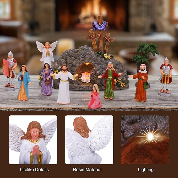 Fovths 12 Pieces LED Easter Scene and Cross Decoration Easter Resin Tabletop Decorations Resurrection of Jesus Statue Jesus Nativity Scene Decorations for Christian Figurines Home Office Tabletop