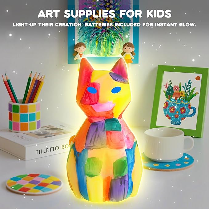 lucdnc Paint Your Own Cat Lamp Kit DIY Night Light Painting Kits for Kids Arts & Crafts Supplies Birthday Easter Christmas Cat Themed Gifts Toys for Girls Boys Teens Ages 3-12+