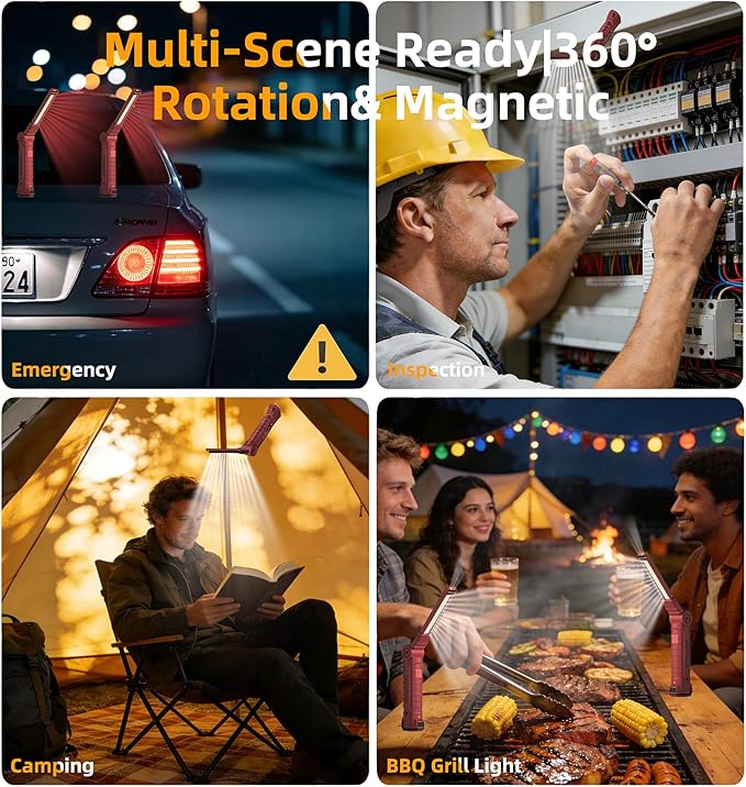 Rechargeable Work Light Flashlight, Easter Gifts for Men Him Dad Husband Mechanic Birthday Torch Grill Light Inspection Lamp with Magnetic Base Hook, 5 Modes 360° Rotate Car Emergency Repair 4 Pack
