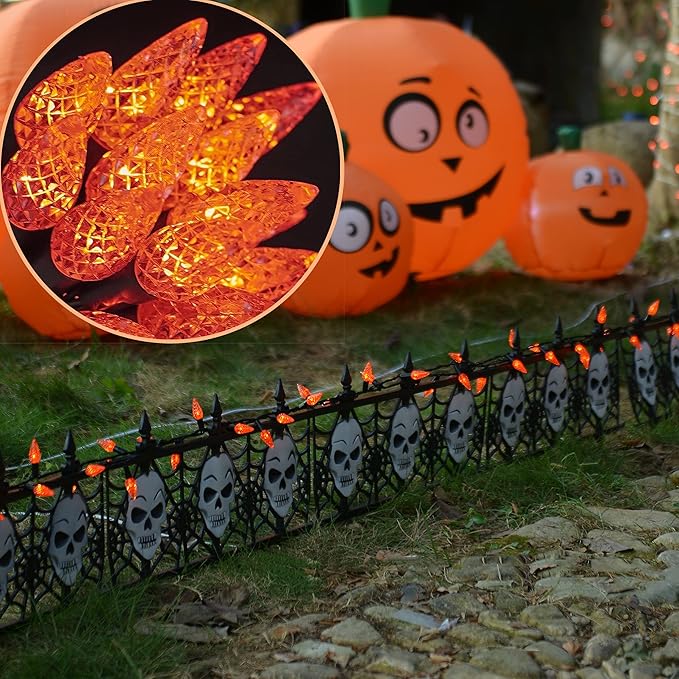 WATERGLIDE Halloween C6 String Lights, 33ft 100 LED Black Wire Fairy Lights with 29V Safe Adaptor, 8 Lighting Mode, Waterproof for Indoor Outdoor Patio Xmas Tree Party Decor, Orange