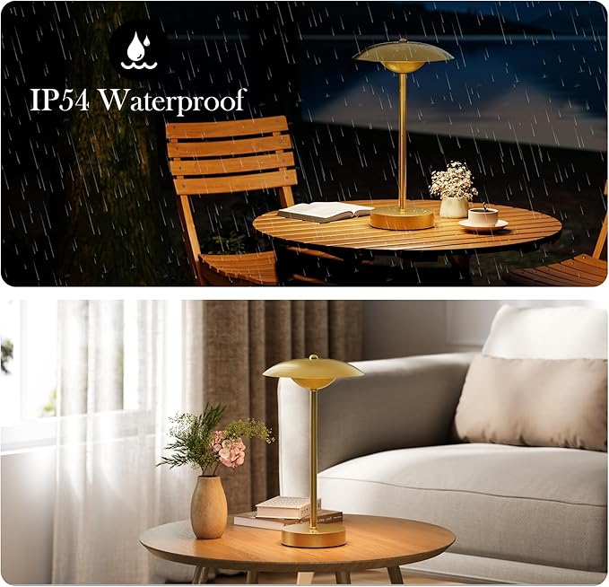 2 Pack Cordless Table Lamps, Rechargeable Battery Powered Lighting, Indoor/Outdoor Table Lamps for Patio Restaurant Home Dinner Dining Kitchen Bar Night Light Balcony,Waterproof & Wireless(Gold)