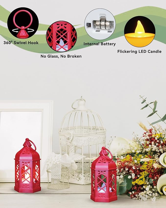 8-Pack Mini Lanterns for Ramadan, Christmas, Small Decorative Lanterns with Flickering LED Candle for Enchanted Forest Wedding, Moroccan Lantern for Table Centerpiece, Medieval Decor, Red