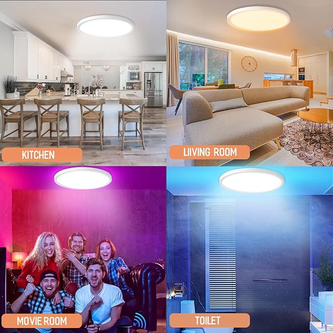 MELEGAN 2Pcs RGB Smart Ceiling Light, Super Slim LED Flush Mount Ceiling, WiFi Compatible with Alexa Google Home,12Inch 24W Dimmable 2700K-6500K for Bedroom, Kitchen, Dining Room, Basements