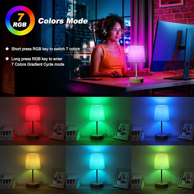 Ascher Small Bedside Table lamp Set of 2, RGB Color Changing Lamps, 3 Color Temperatures, Stepless Dimmable, Nightstand Lamp with USB C+A Ports for Bedroom Living Room, (Flaxen Shade, Wood Grain Base)