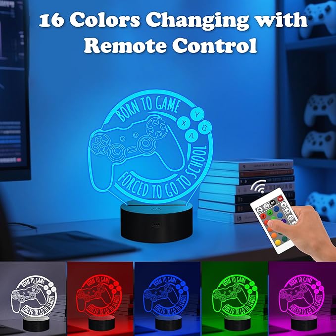 Game Night Light, Game Lamp for Kids, Game Console Night Light Gift, Christmas Holiday Birthday Gifts for Boys Boyfriend Him,Born to Game Forced to Go to School Lamp