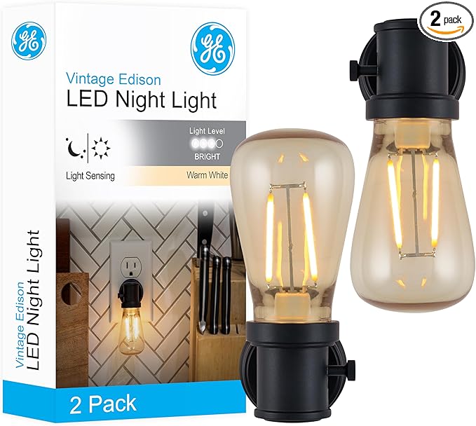 GE Vintage LED Edison Night Light, Plug-in, Dusk to Dawn, Farmhouse Decor, Mood Lighting, Home Decor, Ambient Lighting, LED Lights for Bedroom, Bathroom, Kitchen, Hallway, Black, 2 Pack, 71349