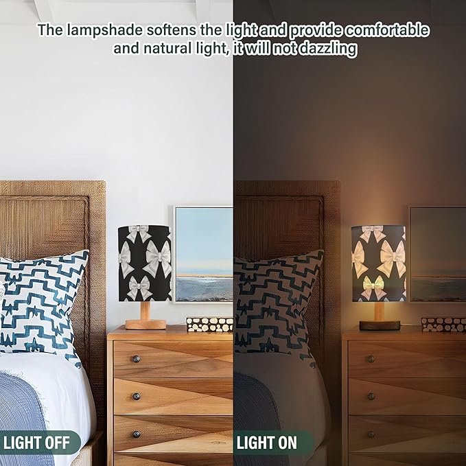 Elegant White Bow Ribbon Pattern on Black Print Table Lamp with Wood Base Fabric Lamp Shade Bedside Nightstand Desk Lamp for Living Room Bedroom Kids Room Office