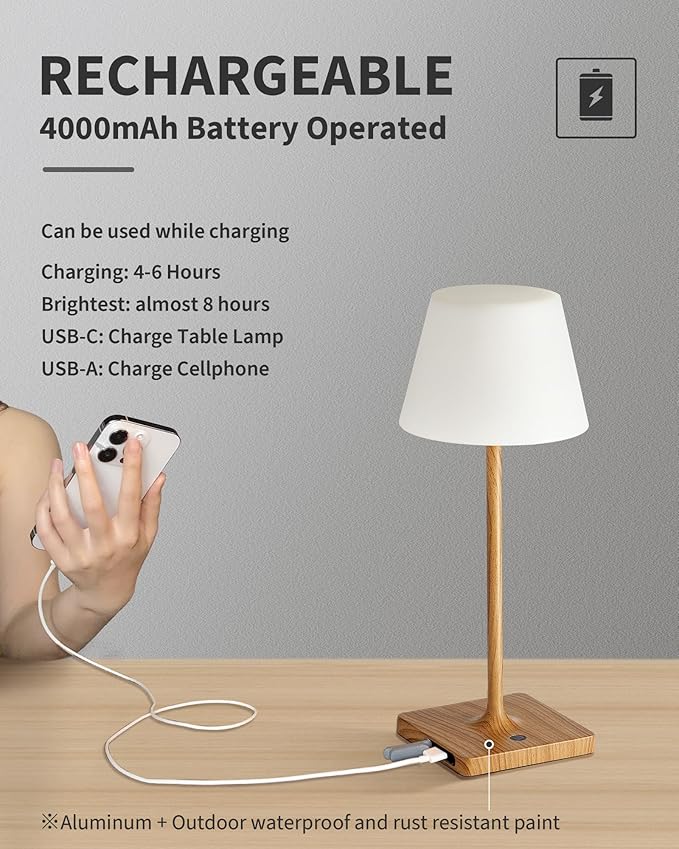 LED Cordless Table Lamp, 4000mAh Portable Rechargeable Battery Powered Dimmable Outdoor Waterproof Table Light, Touch Night Light for Bedroom, Bathroom, Restaurant, Garden 14.5"