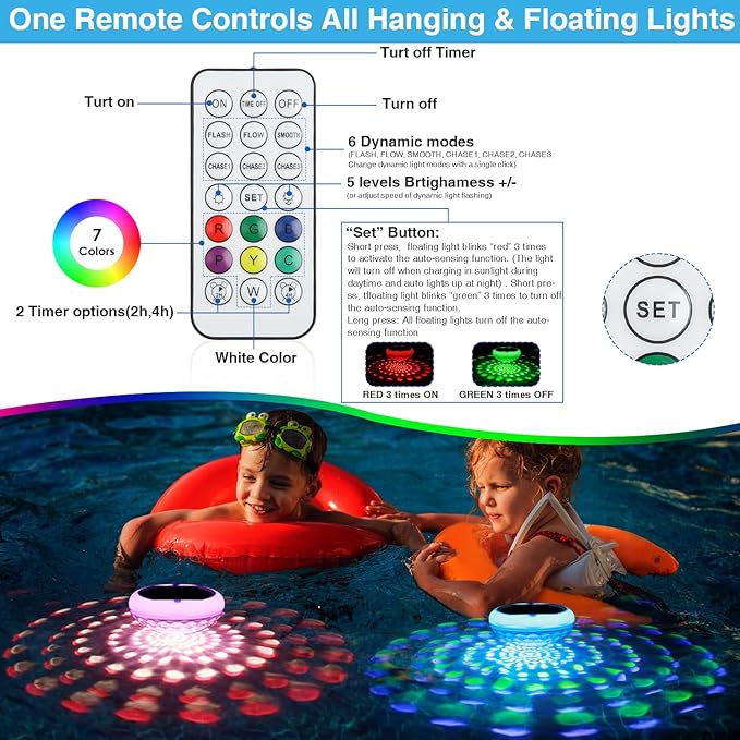 Solar Floating Pool Lights(2 PCS), USB Rechargeable Pool Lights with Remote, 6.7" 2600mAh IP68 Waterproof Floating Light 6 Dynamic Modes Upper and Lower Glow Hangable Light for Pond Patio Party