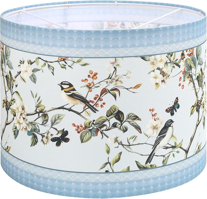 Fabric Linen Lamp Shade, Floral and Bird Pattern Lampshade, Blue Lamp Shades for Floor Lamps fit with Spider/Uno, 13x13x10inch Drum Lampshades for Table Lamp/Pendant (1Pack/Easy Assemble)
