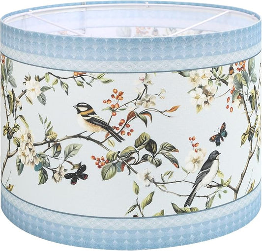 Fabric Linen Lamp Shade, Floral and Bird Pattern Lampshade, Blue Lamp Shades for Floor Lamps fit with Spider/Uno, 13x13x10inch Drum Lampshades for Table Lamp/Pendant (1Pack/Easy Assemble)