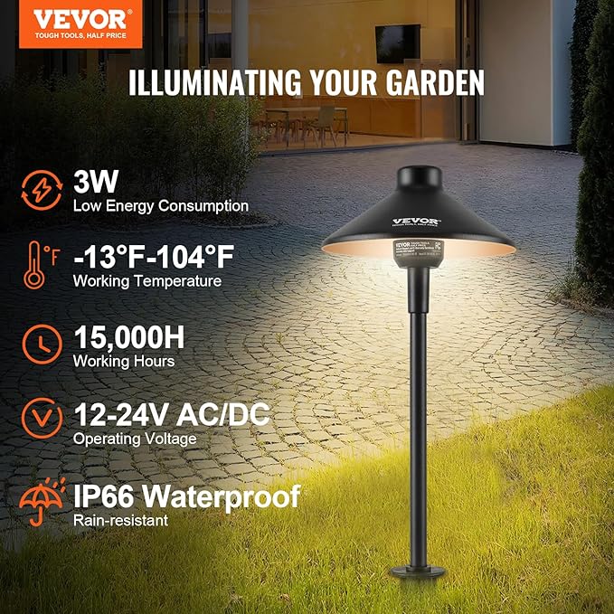 VEVOR 12 Pack Low Voltage Landscape Path Lights, 3W 210LM 12V-24VAC/DC Outdoor LED Pathway Lighting, 3000K Warm White Walkway Lights with Quick Connectors, IP66 Waterproof for Yard Garden Sidewalk