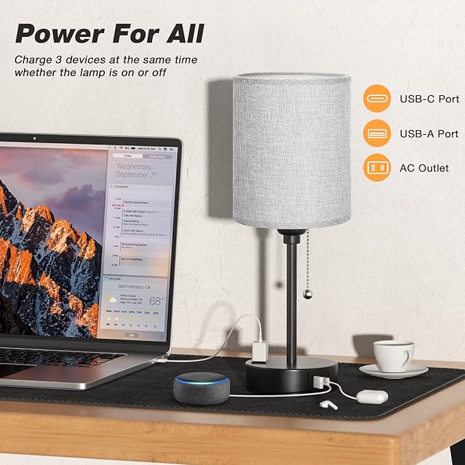 Grey Nightstand Lamps 3 Color Temperatures - 3000K 4000K 5000K Bedside Lamps with USB C and A Ports, Pull Chain Table Lamps with AC Outlet, Small Lamps with Black Metal Base for Sleeping Reading