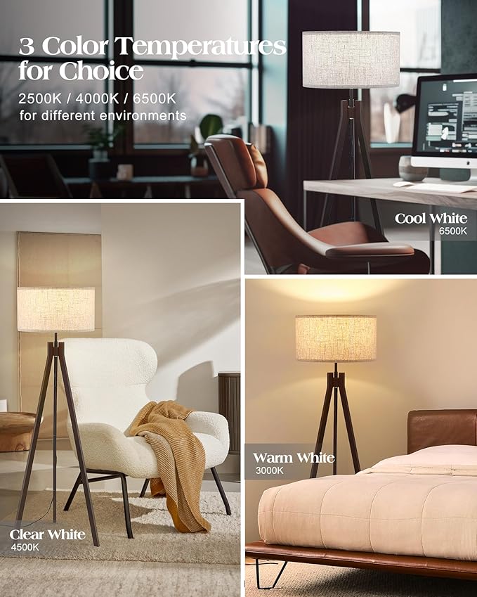 ELYONA Wood Tripod Floor Lamp for Bedroom, 3 Color Temperatures & Linen Shade, Modern Reading Standing Lamp with 9W LED Bulb, Mid Century Night Light for Farmhouse, Living Room, Office, Walnut