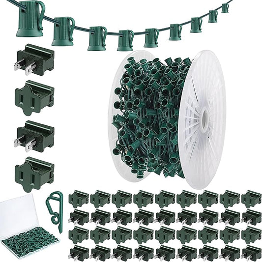 Fovths 500 Ft C9/E17 Christmas Light Sockets Set Outdoor UL Listed String Light Include 500 E17 Socket with 100 Clips, 40 Female Male Plug, Stringer Spool Christmas C9 Green Wire for Patio Event Decor