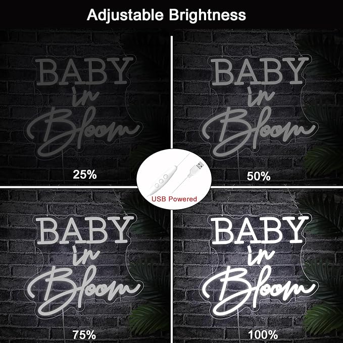 Baby in Bloom Neon Sign for Baby Shower Decorations,14.4''X12.5'' White Dimmable LED Neon Lights Sign,USB Powered Light Sign for Girl Boy Babys Room Wall Decor Birthday Party Backdrop