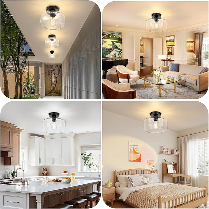 SunRider Industrial Semi-Flush Mount Ceiling Light Fixture, Seeded Glass Lamp Shade, Black Metal Farmhouse Lights for Hallway Kitchen Bedroom, X-Large