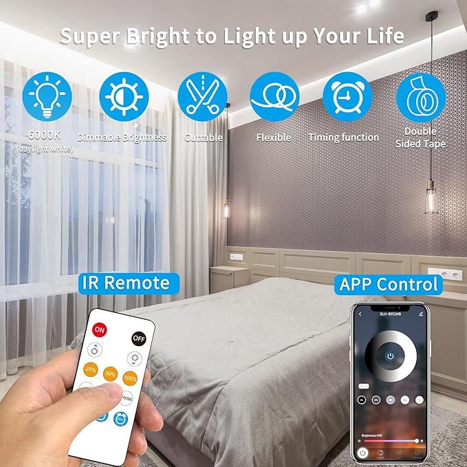 16.4ft COB LED Strip Lights White Dimmable DC 24V 6000K Flexible LED Tape Light for Bedroom, with Remote and app Control LED Tape Lights ，for DIY Home Decoration
