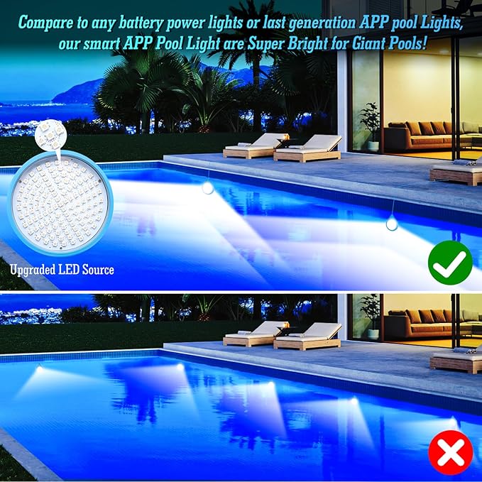 LED Pool Light, 20W Smart RGB Magnetic Submersible Light with APP Control, 1200lm Dimmable, IP68 Waterproof 12V Nicheless Underwater Lights with 32.8ft Cord for Inground & Above Ground Pools
