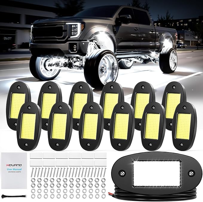 12 Pods COB White Rock Lights, 120 COB Chips 6500K Pure White Super Bright Neon Underglow, IP68 Waterproof Shockproof Off-Road Light Kit for Pickup Trucks, SUV, UTV, ATV, RZR, Cars & Boats