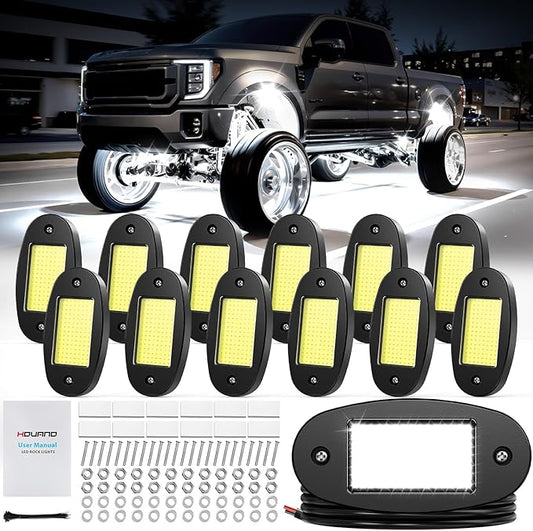 12 Pods COB White Rock Lights, 120 COB Chips 6500K Pure White Super Bright Neon Underglow, IP68 Waterproof Shockproof Off-Road Light Kit for Pickup Trucks, SUV, UTV, ATV, RZR, Cars & Boats