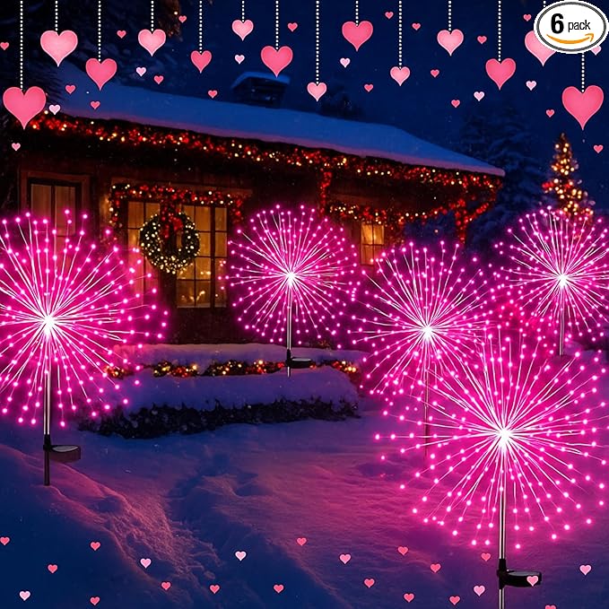 6 Pack Pink Solar Firework Lights 180 LED 8 Lighting Modes Waterproof Outdoor Decorative Solar Lights for Wedding Valentine Birthday Garden Patio Yard Pathway Walkway Lawn Decor
