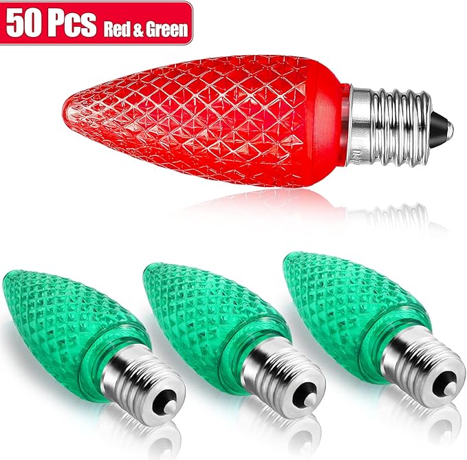 Mudder 50 Pieces C9 Christmas Light Replacement Bulb E17 LED Easter Light Replacement Bulb Outlet Faceted Christmas Bulb LED for Holiday Decoration(Red, Green)