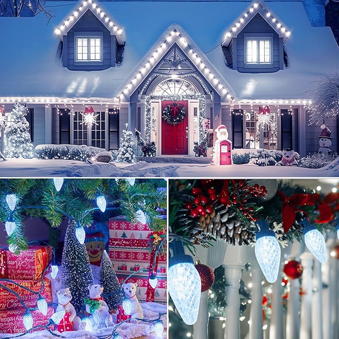 Brightown C9 Christmas Lights Outdoor 2 Pack - Total 162 FT 200 LED C9 String Lights, with Timing & Memory, 8 Modes, Connectable, Waterproof - for Indoor Outside Tree Home Yard Decoration, Cool White