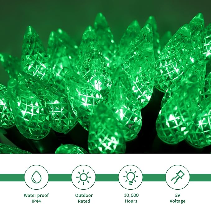 WATERGLIDE C6 Christmas Lights, 33ft 100 LED Faceted String Lights Green Wire Fairy Lights with 29V Safe Adaptor, 8 Lighting Mode, Waterproof for Indoor Outdoor Patio Xmas Tree Party Decor, Green