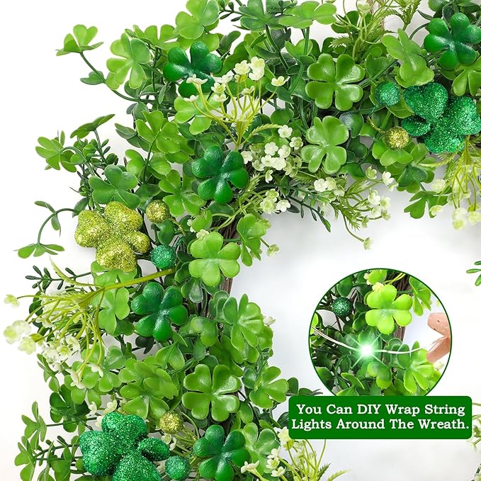 Thick & Timer - St Patricks Day Decorations, 18 Inch St Patricks Day Shamrock Wreaths for Front Door with 20 Green Lights Glitter Clover Berries Spring Wreath Irish St. Patrick's Day Door Decorations