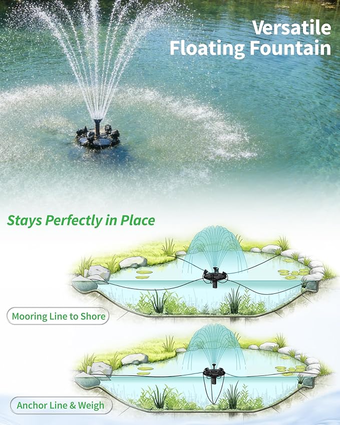 POPOSOAP Floating Pond Fountain With LED Lights, Pond Fountain Aerator Complete Kit with 1600GPH Water Pump 50FT Power Cord, 3 Spray Styles for Ponds, Pool, Lakes & Water Gardens P155