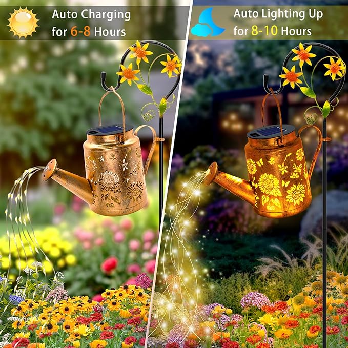 ANGMLN 2 Pack Solar Lights Outdoor Waterproof, Sunflower Solar Watering Can Lights with Shepherd Hook, Birthday Gifts for Mom Grandma Women, Metal Hanging Lantern Garden Decor Yard Outside Patio