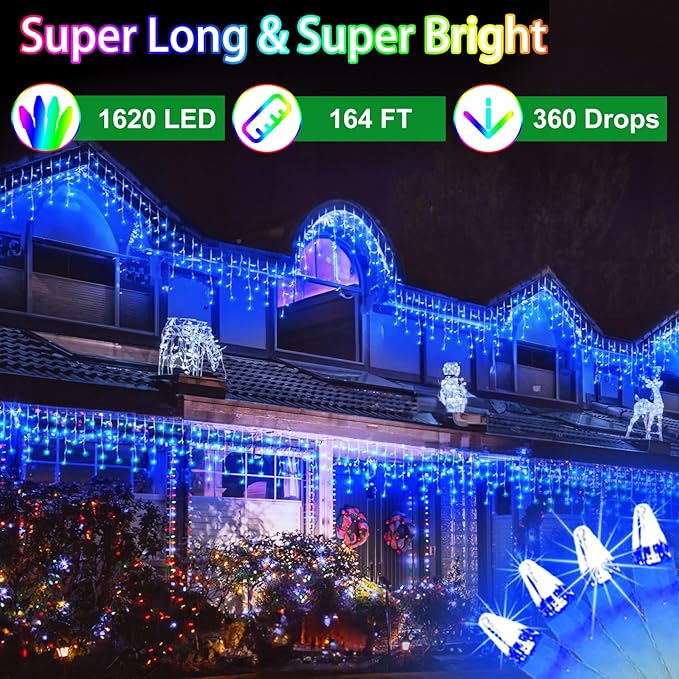 164FT 1620 LED Outdoor Christmas Lights - 360 Ice Drops, 12 Pro Modes with Timer Memory & Brightness, Waterproof Hanging Ice String Light for Holiday Wedding Garden Fence House Decor (Blue)