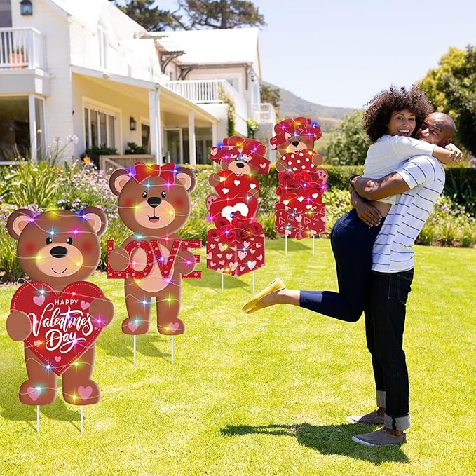 Bencailor 4 Pcs Valentine's Day Outdoor Decorations Valentine's Day Bear Yard Signs Stakes with LED Light Love Bear Heart Rose Lawn Decor for Holiday Lawn Patio Party Wedding Anniversary Decor