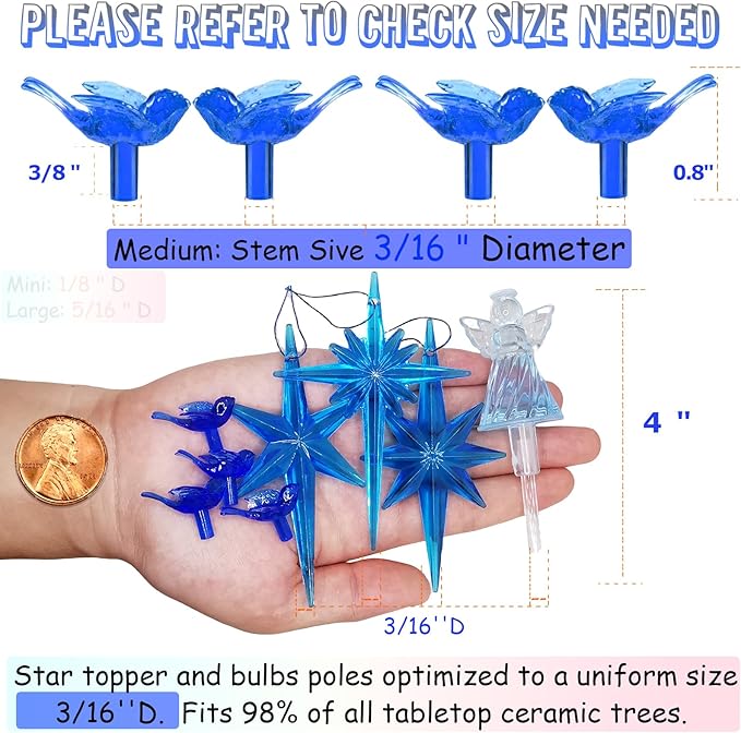 117Pcs Ceramic Christmas Tree Replacement Lights Bulbs Deep Bluebird and 1 Angel/3 Stars Topper Ornament for Ceramic Tree Décor - Medium Plastic Pegs.