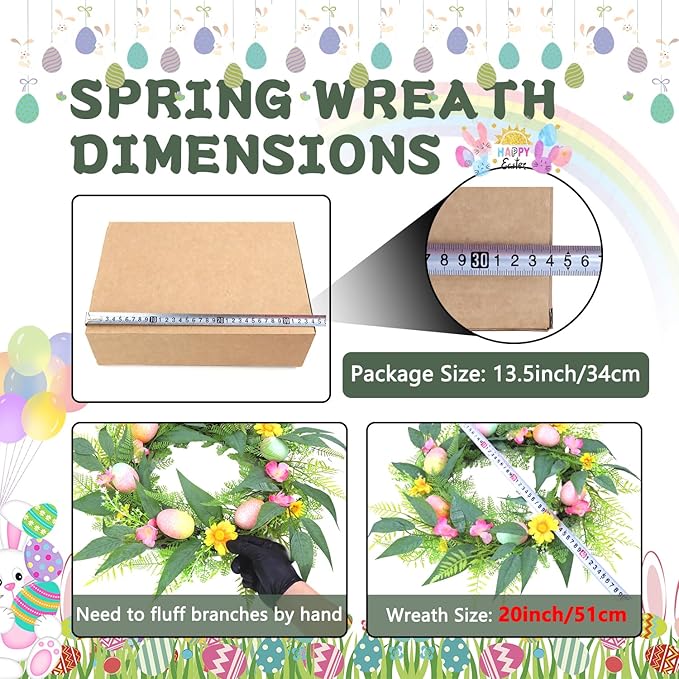 20 Inchs Easter Wreath for Front Door, Decor with Easter Eggs, Flowers & Leaves, Come with Hanger/Hook, 50LED Lights, Timer, for Outdoor Indoor Wall Window, for Spring Summer Hoilday, Gift