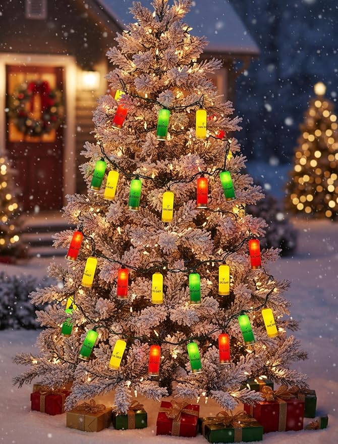 8.5Ft LED Shotgun Shell Shape Christmas Light Outdoor, Christmas Decorations Lights with 10 LED Red Green and Yellow Bullets Bulbs, Hanging Bullets String Lights for Patio Garden Party Xmas Tree Decor