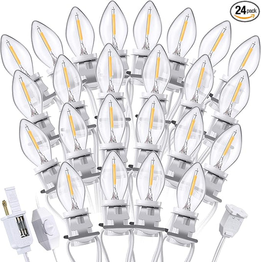 Meonum Accessory Cord with LED C7 Light Bulbs,Christmas Village Indoor Blow Mold Light Cord with Female Plug, Rotary On/Off,for Halloween Pumpkin,Holiday Craft Projects Decoration(41 ft,24 Packs)