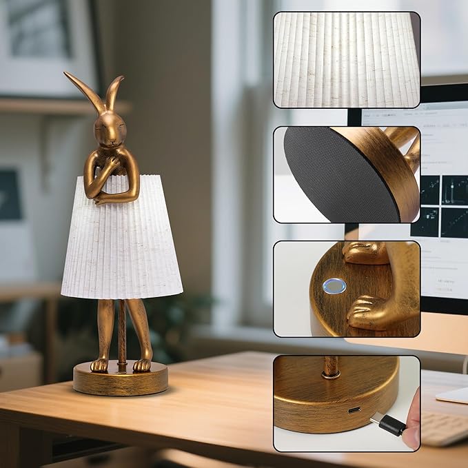 Bunny Cordless Table Lamp with 5000mAh Battery,Rechargeable Resin Rabbit Lamp with Pleated Shade Stepless Dimmable LED Small Cute Animal Light for Kids Room Home Decor Adult Gift(Pattern)