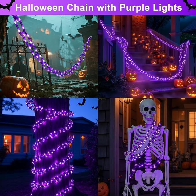 YOUNGAR Halloween Chain String Lights,13.7ft 175LED Battery/USB Operated Plastic Chain Light,Timer Memory with 8 Modes for Haunted House Indoor or Porch, Window, Party Outdoor Decorations (Purple)