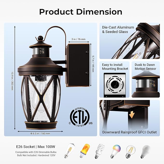 Motion Sensor Porch Light with GFCI Outlet, Oil Rubbed Bronze Outdoor Light with Outlet, Exterior Wall Lights Wall Mount, Anti-Rust Front Porch Light Fixtures, Waterproof Garage Lantern Lights