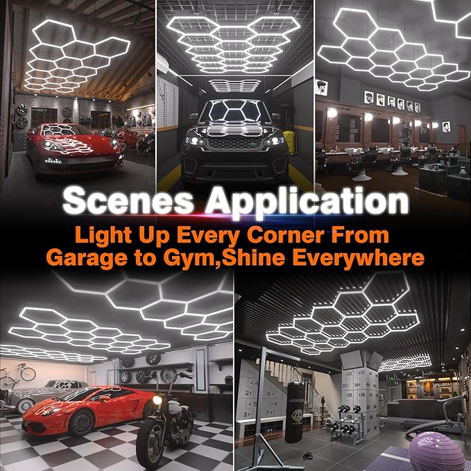 Hexagon Garage Lights : 3 Level Dimmable 476W Tube 17 Grids Hexagon LED Lights - Easy Install 6500K Super Bright Hex Lights for Warehouse, Car Detailing Shop, Exhibition Hall, Gym