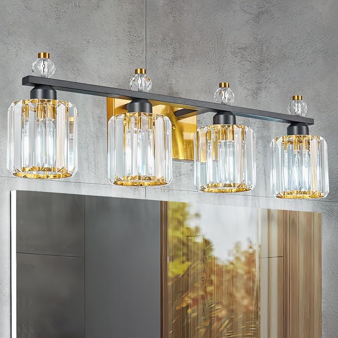 Bathroom Vanity Lights 4-Light Black Gold Modern Crystal Vanity Light Fixtures Over Mirror Crystal Bathroom Vanity Lighting Fixtures