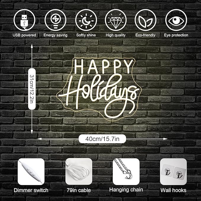 Horseneon Happy Holidays Neon Sign Merry Christmas Neon Signs for Wall Decor Christmas Tree Neon Light LED Sign with USB Powered for Party, Windows, Home Decor, Bedroom, Living room Warm