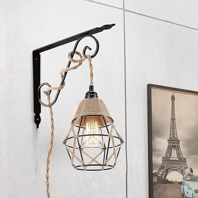Industrial Hanging Light with Plug in Cord - Hemp Rope On/Off Switch, Farmhouse Pendant Light for Dining Room