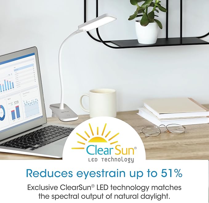 Ottlite Rechargeable LED Clip Lamp - ClearSun LED Technology with Touch Activated Control, Dimmable LEDs & Flexible Arm - Travel-Friendly Clip Light for Reading, Bed Headboard & Computers