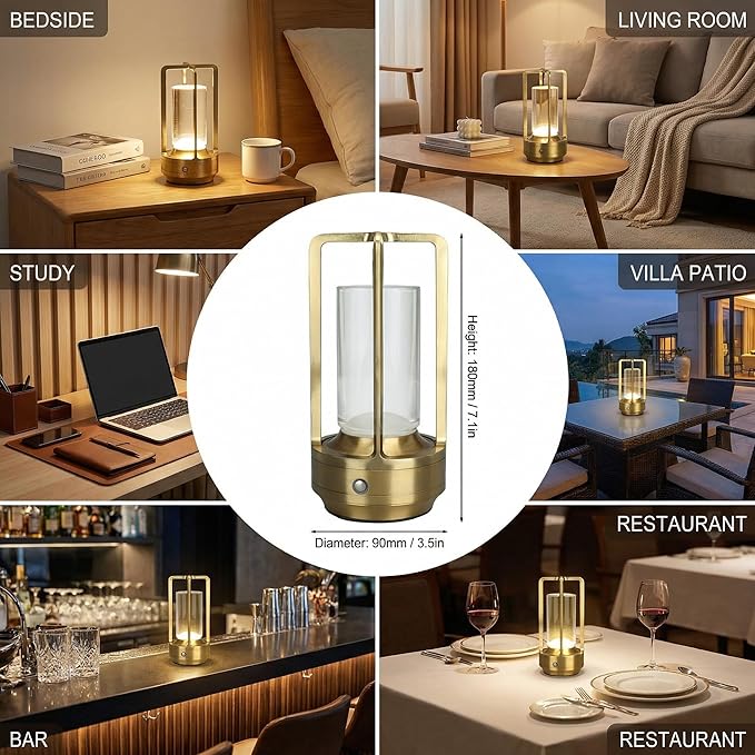 Cordless Table Lamp for Outdoor Indoor Rechargeable LED Crystal Lantern Lamp, 3 Color Stepless Dimming Touch Portable Metal Desk Lamp for Bedroom Restaurant Home Gold