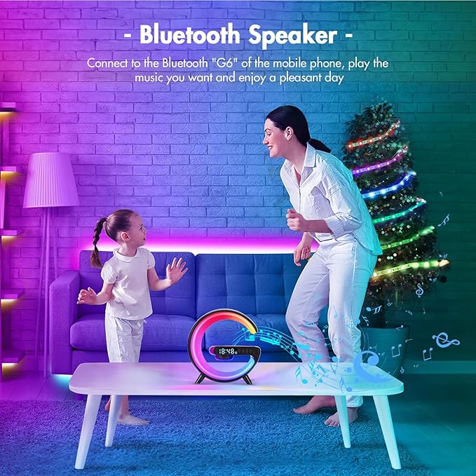 Blingbin Wireless Charger Atmosphere Lamp, 2025 New Mini LED Table Lamp, Bluetooth Speaker, Dimmable Night Light Bedside Lamp Alarm Clock with Music for Christmas Birthday New Year Gifts